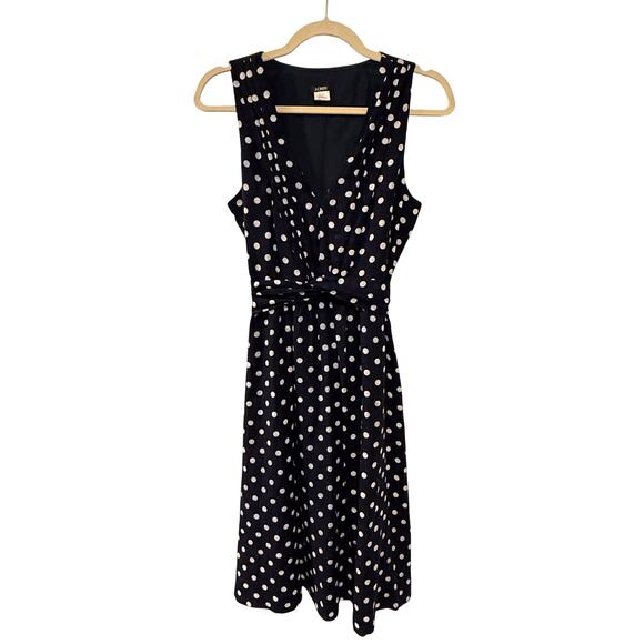 J Crew 6 Elinor Polka Dot Linen Dress $148 Sleeveless Fit&Flare Navy Blue White - Picture 2 of 8